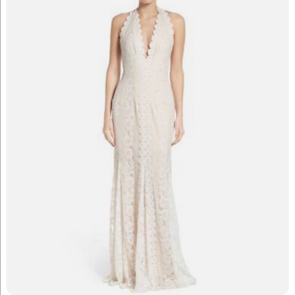 TADASHI SHOJI Lunet Deep V Lace Gown Eggshell